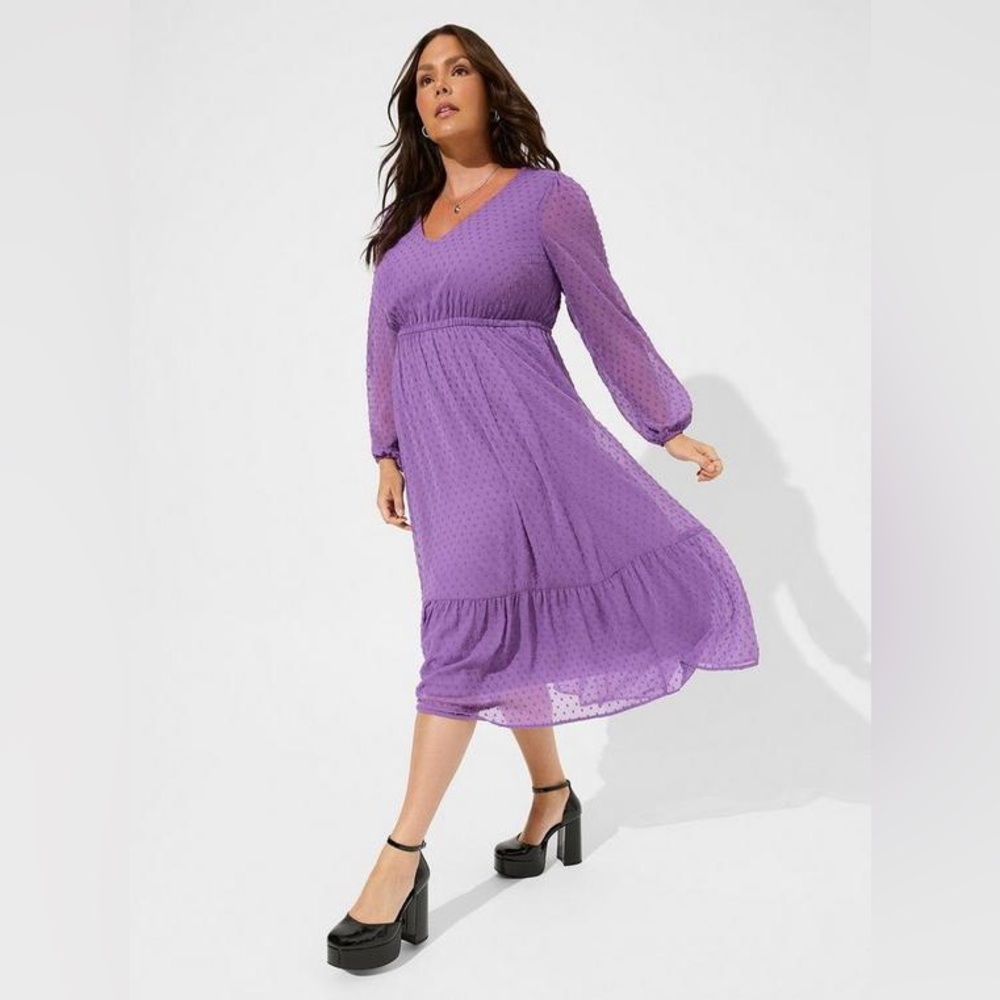 Torrid Tea Length Clip Dot Open Back A-Line Dress in Purple Heart